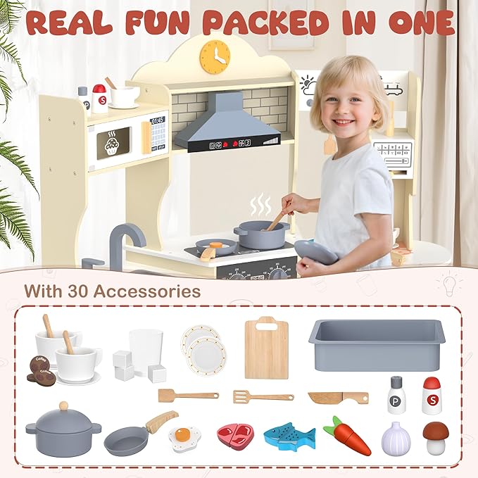 ANPABO Play Kitchen for Kids, Wooden Kitchen Playset w/Real Lights & Sounds, Coffee & Ice Maker, Microwave, Stove, 30Pcs Accessories Include Play Food, Pretend Play Set for Boys & Girls, Yellow