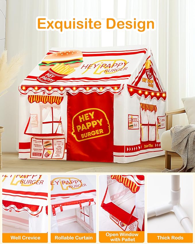 Kids Play Tent, Toddler Tent for Kid Indoor & Outdoor, 48.5"x39.4"x48.5" Playhouse Tent Burger Theme with Complete Toys Set, 3 Window, Lights and Balloons