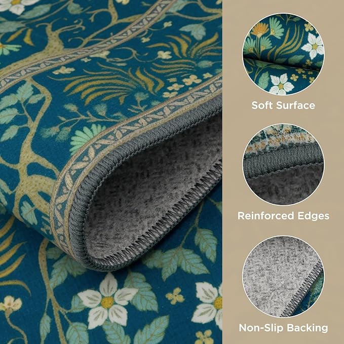 Joydeco Washable 2x6 Rug Runners for Hallways Non Slip, Boho Floral Bathroom Rug Runner, Soft Botanical Forest Indoor Floor Throw Carpet for Kitchen Laundry Room Entryway, Dark Blue