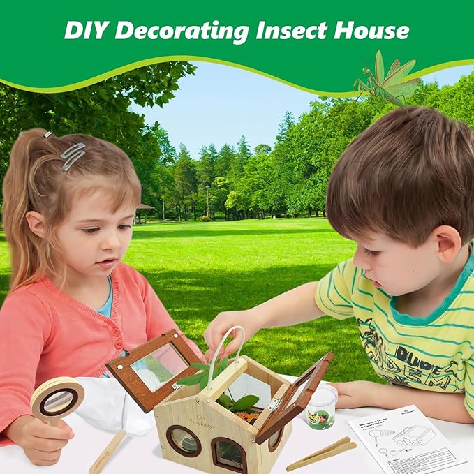 Kids Bug Catching Kit, 6-in-1 Nature Discovery Kit with Breathable Wooden Critter Habitat House, 15 Insert Cards, Magnifying Glass, Butterfly Net, Summer Outside Toys, Gift for Boys & Girls