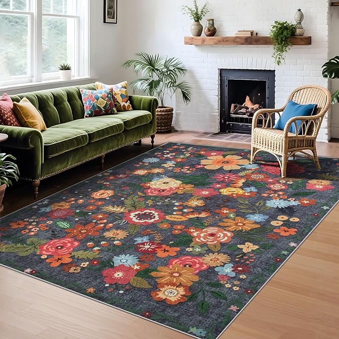 Area Rug Living Room Rugs: 5x7 Washable Rug Vintage Floral Soft Boho Non Slip Carpet Indoor Floor Non Shedding Low Pile Thin Carpets for Bedroom Dining Room Farmhouse Nursery Home Office Black