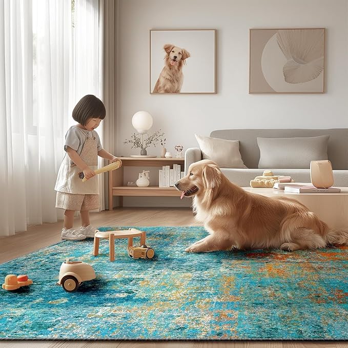 Washable Area Rugs 2'x10' Non-Slip Modern Abstract Soft for Living Room Entryway Bedroom Nursery, Print Pattern, Teal Blue Green Orange Rust Red Colorful