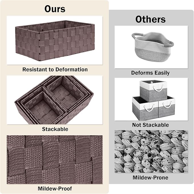 Woven Storage Baskets, Storage Bins, Cube Basket Container Baskets Storage Boxes Organizers for Clothes /Shelves/ Closet, Set of 6 (Brown)