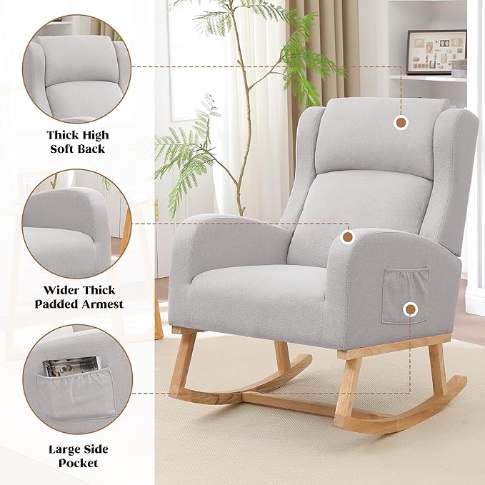Rocking Chair Nursery, Nursing Rocking Chairs for Mom Nursery, Comfy Wingback Glider Rocking Armchair with Side Pocket for Nursery Living Room Bedroom, Light Grey