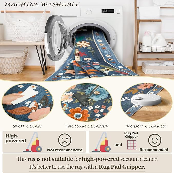 Floral 5x7 Area Rug Machine Washable Soft Print Boho Carpet Non Slip Doormat Low Pile Flower Area Rugs for Living Room Bedroom Nursery Kitchen Dining Room Indoor-Blue/Grey