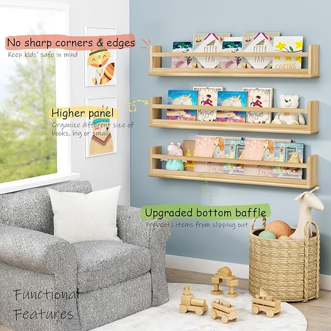 Upgraded Wooden Wall Bookshelf for Kids Books, Large Nursery Floating Shelves for Kids Bedroom, Natural Wood Wall Bookshelves for Teens Toddlers Living Room Decor (36 Inch Long 3-Pack)