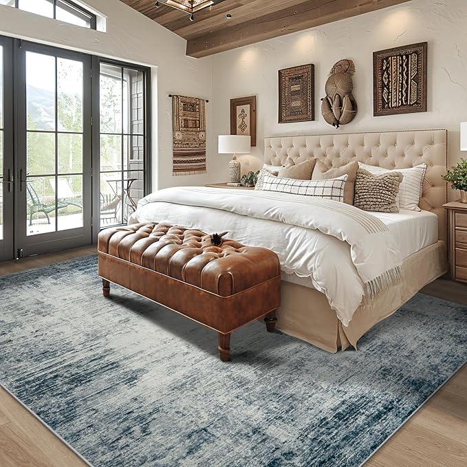 Area Rugs 8x10 Living Room Rugs: Modern Abstract Washable Rug with with Non-Slip Backing, Stain Resistant Indoor Floor Large Carpet for Bedroom Dining Room Table Nursery Hallway Home Office-Blue/Ivory