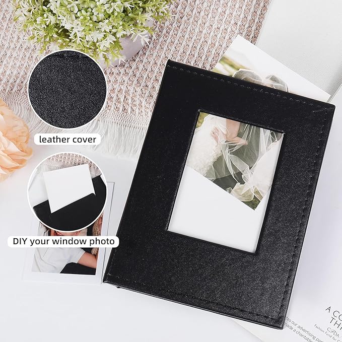 RECUTMS Small Photo Album 4x6 52 Photos, Mini Photo Book Leather Cover with Front Window, 26-Sheet Holds 52 Pictures, Artwork or Postcards Storage for Wedding Family Baby Vacation(Black)