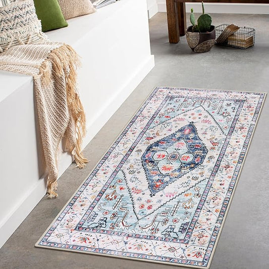 Lahome Boho Round Rug - 7Ft Washable Area Rug, Non-Slip Small Bathroom Rug, Lightweight Bedroom Throw, Oriental Distressed Print Carpet for Entryway, Sofa, Nursery, Kids Room