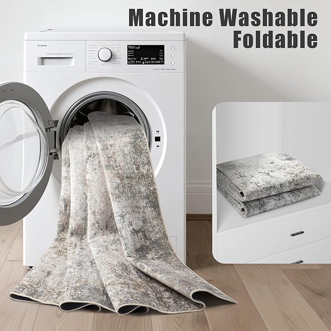 9x12 Area Rug Living Room Rug: Washable Modern Abstract Soft Thin Rug Indoor Floor No Slip Stain Resistant Carpet for Bedroom Dining Room Farmhouse Nursery Home Office - Brown Grey