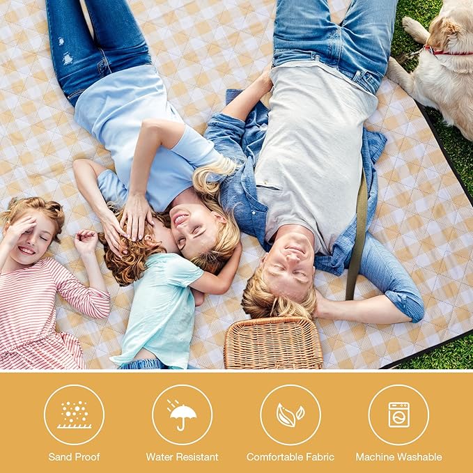 Picnic Blanket, 80''x80'' Waterproof Outdoor Blankets, Picnic Mat Washable for Beach, Picnic Blankets for Camping on Grass with Shoulder Strap - Yellow & White