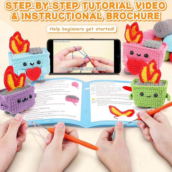 Crochet Kit for Beginners - 4PCS Dumpster Fire Complete Crochet Starter Kit with Step-by-Step Video Tutorials, Beginner Crochet Kits for Adults Kids Women, Funny Crochet Gifts