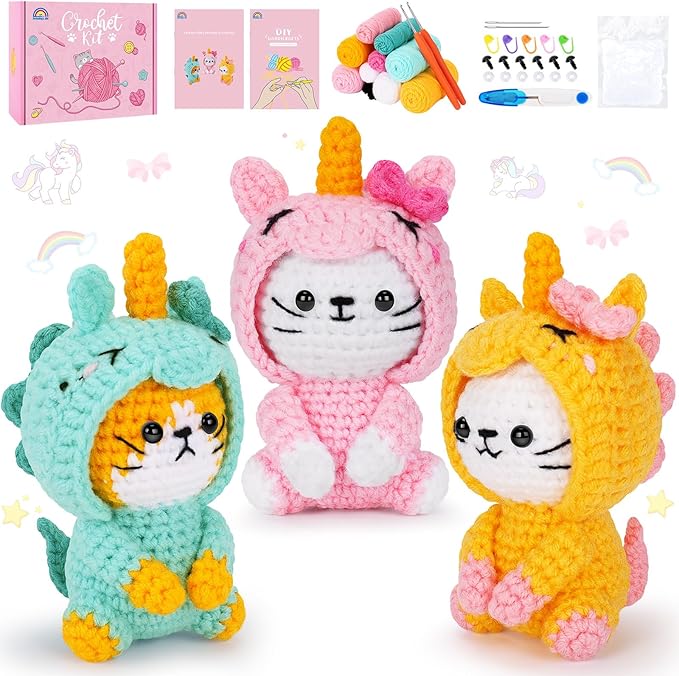 Crochet Kit for Beginners - 3 PCS Unicorn Cat Crochet Kits with Step-by-Step Video Tutorials, Beginner Crochet Kit for Adults Kid, Crochet Animal Kit for Starters, Cat Dressed as Unicorn Set