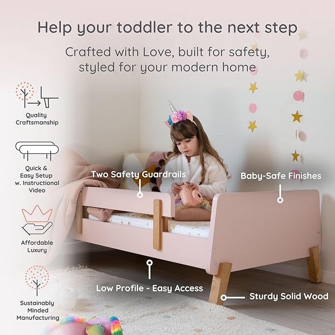 dadada Muse Toddler Bed with 2 Removable Safety Rails. Low Profile Montessori Bed for Kids. Sturdy Solid Wood Frame, Fits Standard Crib Mattress, Easy to Assemble, Toddler Bed for Girls & Boys - Pink