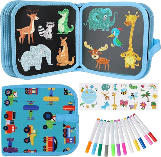 Erasable Doodle Set for Kids - Magic Drawing Book With 12 Watercolor Pens, 14 Page Reusable Book, Road Trip Car Game Writing Painting Set for Boys and Girls