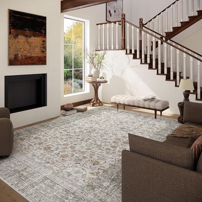 Machine Washable Rugs for Living Room: 8x10 Area Rugs for Bedroom Vintage Stain Resistant Non Slip Low Pile Soft Boho Carpet for Kitchen Dining Room Farmhouse Kids Room Nursery