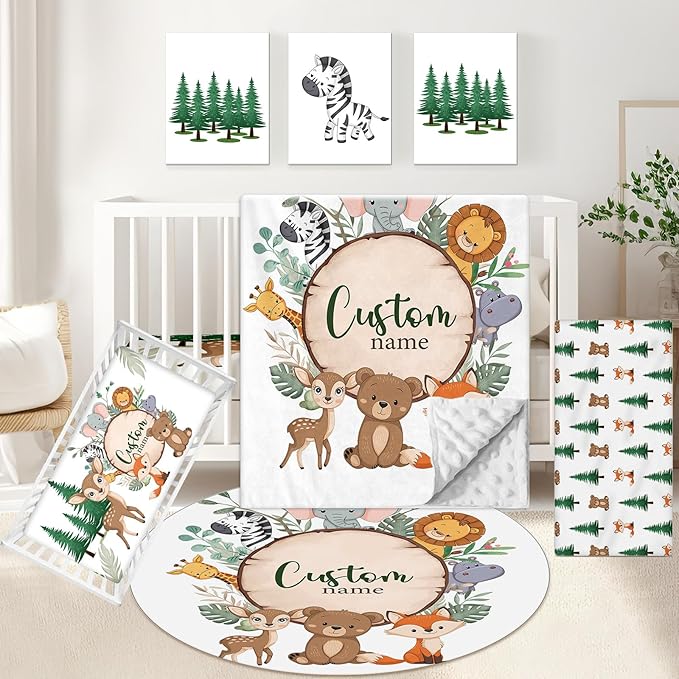 Personalized Baby Crib Bedding Set, 5 Pcs Custom Nursery Bedding Set for Girl Boy, Soft Jungle Animals Crib Set with Name, Double Layer Baby Bedding Crib Set, Toddlers Infants Customized Gift