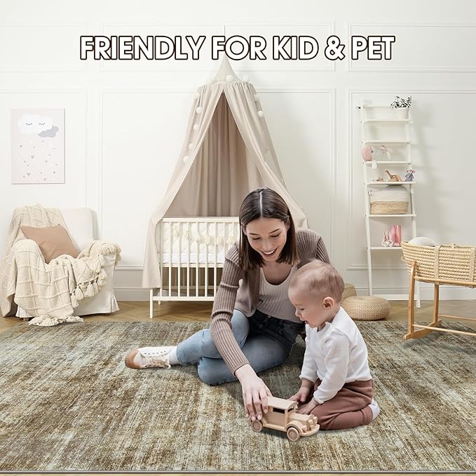 Area Rug 9x12 Washable Rugs: Abstract Large Living Room Rugs with Non-Slip Backing, Thin Carpet for Dining Room Table Bedroom Nursery Indoor Home Office-Brown