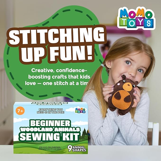 MOMOTOYS Woodland Animals Beginner Sewing Kit for Kids Ages 7+ – Includes 9 Kids Sewing Projects w/Tools & Art Supplies – DIY Felt Crafts for Girls & Boys – Craft Gift for 8, 9, 10, 11, 12 Year Old