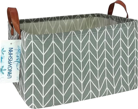 LANGYASHAN Rectangular Storage Bin Collapse Canvas Fabric Cartoon Storage Basket with Handles for Organizing Home Kitchen Boys and Girls Toys Office Closet Shelf Baskets (Rec Grey Point)