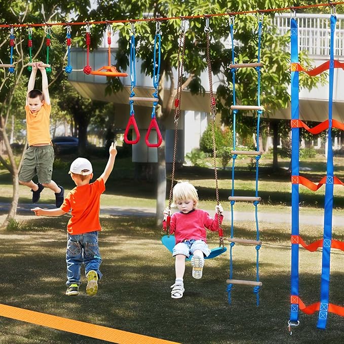 VEVOR Ninja Warrior Obstacle Course for Kids, 2 x 60 ft Weatherproof Slacklines, 500lbs Weight Capacity Monkey Line, Outdoor Playset Equipment, Backyard Toys Training Equipment Set with 14 Obstacles