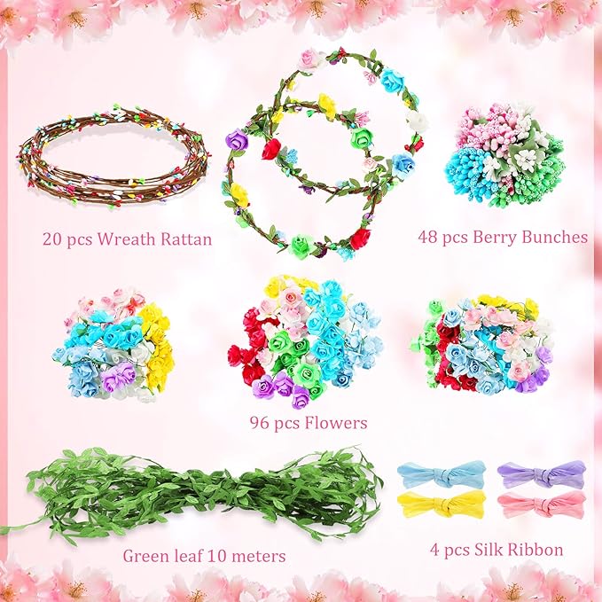 Syhood 20 Sets Flower Crowns Making Kit, Make Your Own Flower Crown Wreath Headbands and Bracelets Craft Kit Hair Accessories Handmade DIY Floral Garland Presents for Girls