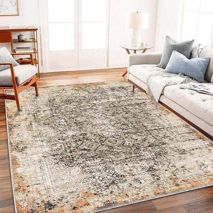 Area Rug 8'x10' Washable Vintage Traditional Mat Distressed Indoor Foldable Thin Retro Accent Floral Print Non Slip Carpet for Living Room Dining Room Office Large Carpet