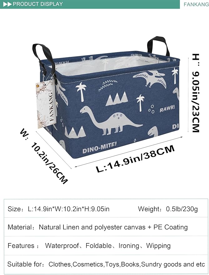 FANKANG Storage Bins, Nursery Hamper Canvas Laundry Basket Foldable with Waterproof PE Coating Large Storage Baskets for Kids Boys and Girls, Office, Bedroom, Clothes,Toys(Rec-Blue dinosaur