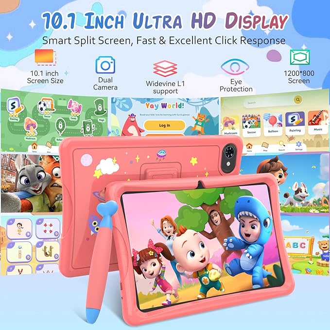 Kids Tablet 10 inch, Android 15 Kids Tablets, Parental Control, Pre-Installed Kiddos Software & Kids Space, Includes Case & Stylus Pen, 12GB RAM 64GB ROM, 2TB Expand, HD IPS Screen(Pink)