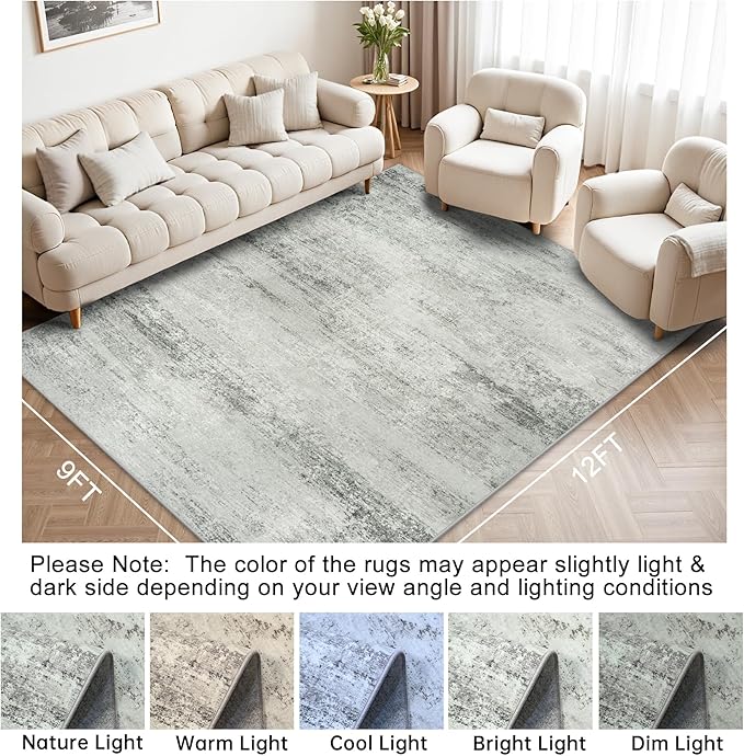 Area Rug 9x12 Washable Rugs: Abstract Large Living Room Rugs with Non-Slip Backing, Thin Carpet for Dining Room Table Bedroom Nursery Indoor Home Office-Gray
