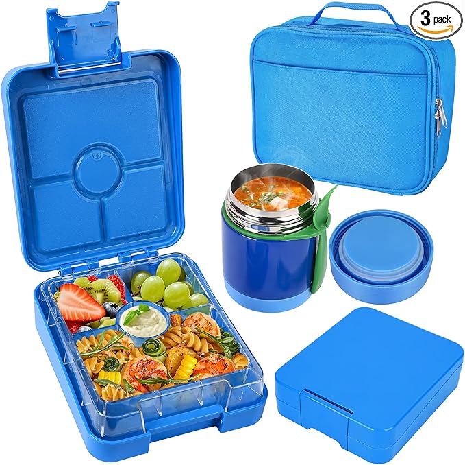 Bento Lunch Box Set With 10oz Soup Thermo, Leak-proof Lunch Containers with 4 Compartment, Kids Hot Thermo Food Jar/Insulation Lunch Bag, Food Containers for School （Blue）
