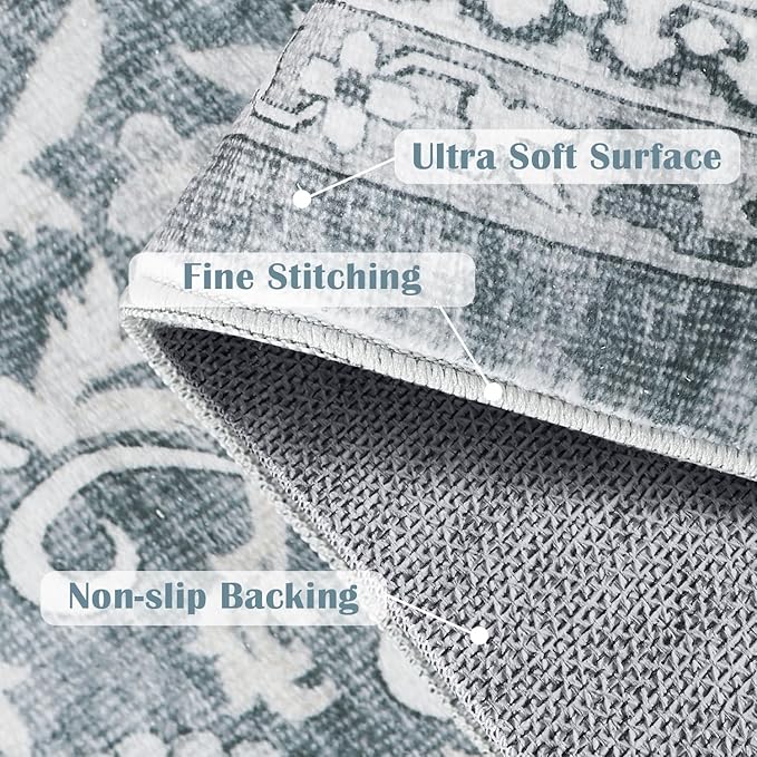 jinchan Floral 6x9 Area Rugs for Living Room - Machine Washable Vintage Distressed Boho Design Throw Rug Stain Resistant Carpet Low-Pile Thin Non-Slip for Bedroom Dining Room Nursery (6‘x9',Grey)