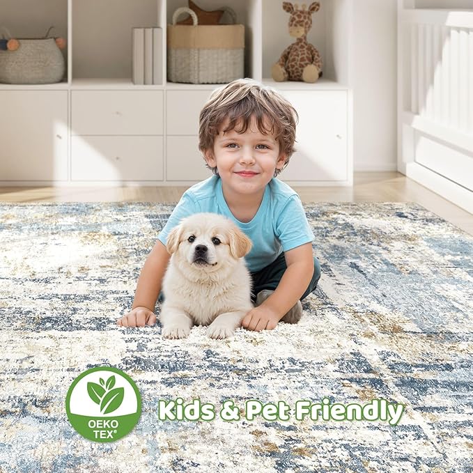 7x9 Area Rugs Washable Rug: Living Room Large Abstract Modern Soft Stain Resistant Indoor Floor Non Slip Accent Carpet for Bedroom Nursery Playroom Office Dining Room Dorm Home House- Blue