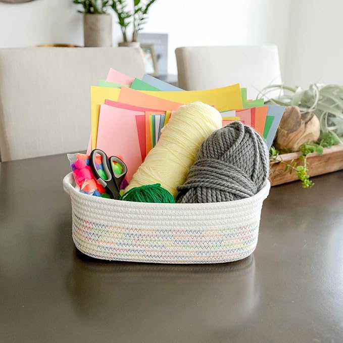 NaturalCozy 5-Piece Rectangle Storage Basket Set- Natural Cotton Rope Woven Baskets for Organizing! Small Basket for Montessori, Baby Nursery, Dog Toy Baskets, Cat Toy Box, Bathroom Organization Bin