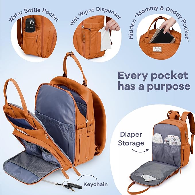 RUVALINO Diaper Bag Backpack-Multifunction Baby Travel Bag with Changing Pad, Insulated Bottle Holders & Pacifier Case, Large Capacity, Waterproof, Maple Orange