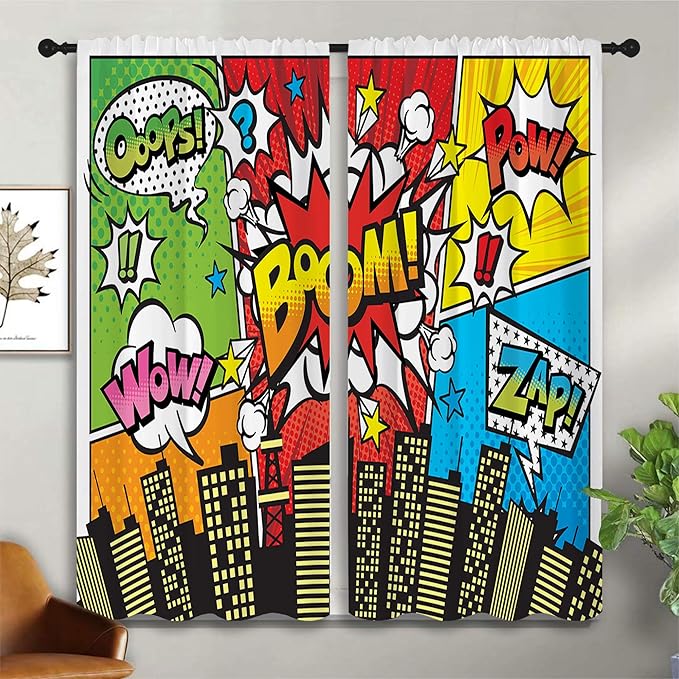 Superhero City Wars Explosion Rod Pocket Blackout Curtains for Boy Girl Bedroom, Colorful Comics Ar Thermal Insulated Home Window Drapes for Living Room Darkening, 42x45 inch