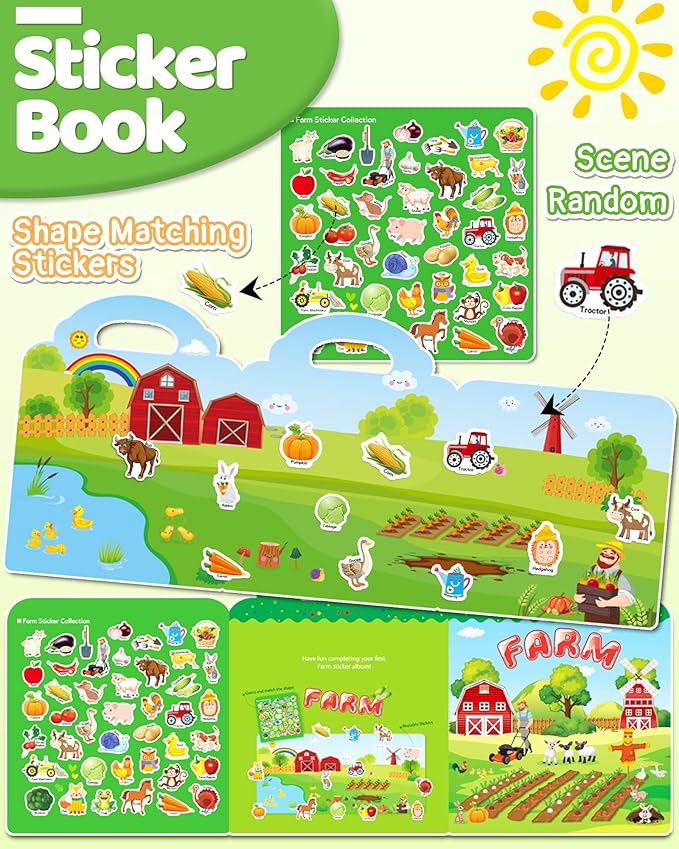 Benresive Reusable Sticker Book for Toddlers 2-4 Years, Fun Travel Stickers for Kids, Waterproof Sticker Books for Toddlers 1-3, Crafts Activities for Todddlers 1-3 2-4 3-5 - Farm