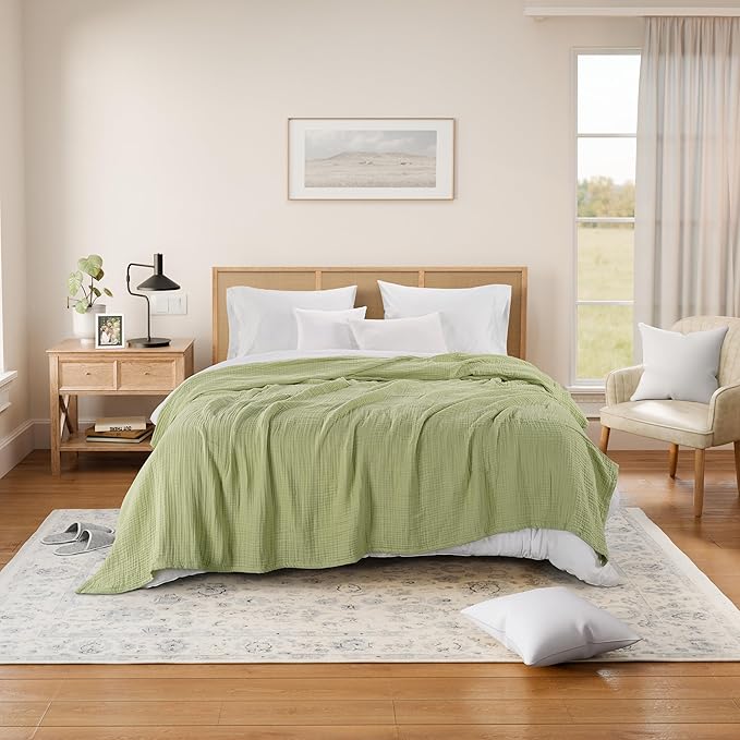Threadmill Muslin Queen Blankets | Soft, Cozy and Breathable Muslin Throw for Bed | 4-Layer Gauze Blanket for All Seasons | Lightweight Blanket Fits Full Size Bed | Sage Green