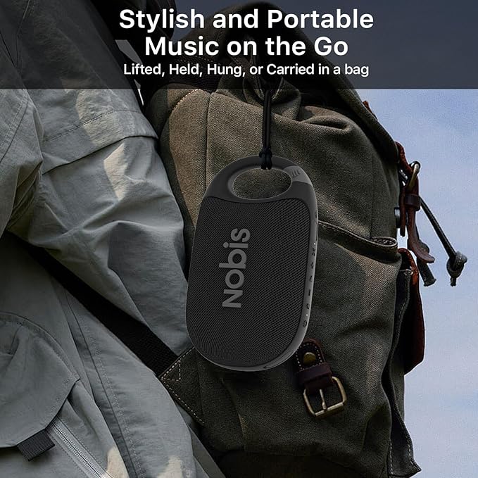 NOBIS Clip N1 Portable Bluetooth Speaker with App, Beat Mode, Up to 24H Playtime, IP68 Waterproof, BT 5.3, HD Sound, Stereo Pairing, Custom EQ, Perfect for Outdoor, Home and Adventure (Black)