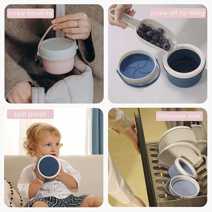 No Spill Silicone Toddler Snack Containers, Detachable Silicone Flap for Filling&Cleaning, Crumb-Free Hard Plastic Screw Travel Lid, Ultra-Soft for Baby Kids Hand In-Out, Snack Cup Holder 12 oz