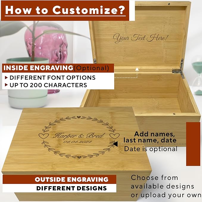 Wedding Memory Box for Keepsakes - Personalized Newly Named Box for Couple, Bride & Broom Gift, Bamboo Wood Custom Wedding Gift Unique, Wooden Gift Anniversary, Engagement Time Capsule, 11x8x4.75 in