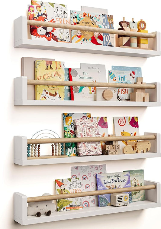 Nursery Book Shelves - 4 Pack, Wall Book Shelves for Bedroom, Kids, Play Room, Nursery Decor