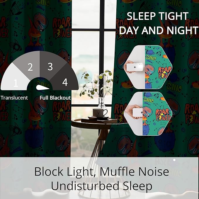 Kids Space Dinosaur Blackout Curtains - 100% Blackout, Thermal Insulated, Noise Reducing, Perfect for Kids Room and Nursery, 2 Panels (Roar Power Dino, W52×L63)
