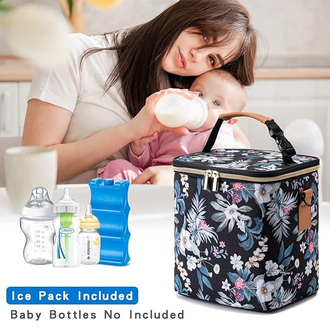 Breastmilk Cooler Bag with Ice Pack Fits 6 Baby Bottles Up to 9 Ounce, Baby Bottle Bag with Shoulder Strap for Nursing Mom Daycare, Floral