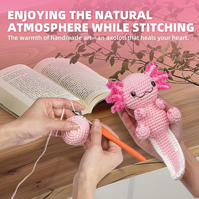 Crochet Kit for Beginners, Learn to Crochet, Include Easy Knitting Soft Yarn, Step-by-Step Video Tutorial, Hook, Holiday Birthday Gift for Adults and Kids(Happy Axolotl)