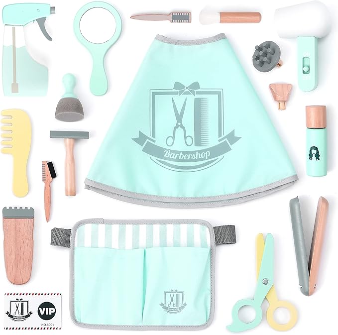 UMU® Wooden Kids Hair Salon Playset, Makeup Toy Set, Hair Styling Toys for Girls, Kids Shaving Kit for Boys, Kids Barber Playset, Gifts for 3 4 5 Year Old Girls Boys (18 PCS)