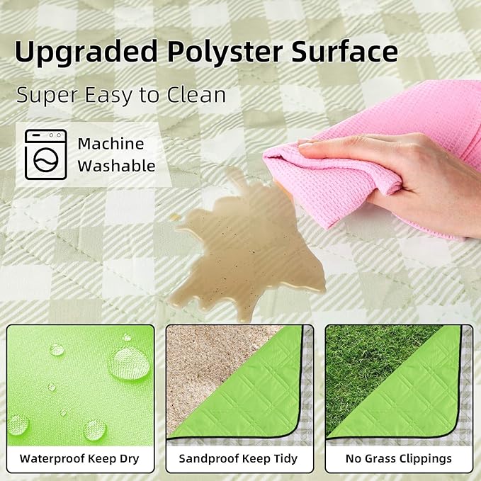 ZAZE Extra Large Picnic Outdoor Blanket, 80''x80'' Waterproof Foldable Blankets Gingham Picnic Mat for Beach, Camping Grass Lawn Park Accessories Cute Couple Gifts Ideas Wedding Registry(Green White)