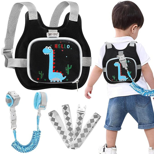 Accmor Toddler Harness Leash+ Reflective Anti Lost Wrist Link, Cute Dinosaur Kids Harness with Leash, Foldable Child Harness Baby Leash Boys Walking Wristband Assistant Belt for Outdoor Travel