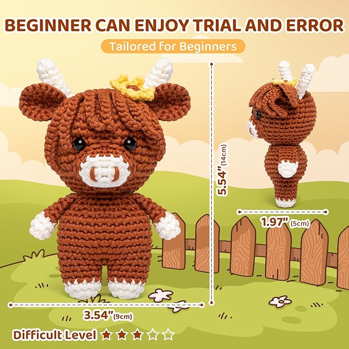 Mewaii Crochet Kit for Beginners Level 3 with 40% Extra Eco-Friendly Pre-Started Easy Yarn, Step-by-Step Video Tutorials for Adults and Kids (Hug Highland Cow)