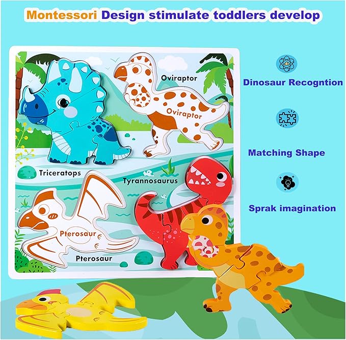 Wooden Puzzles for Toddlers 2-4 ，Vehicle & Dinosaur Toddler Puzzles Age 2-3，Toddler Toys for 2 3 Years Old Girls Boys，Montessori Learning Gifts for 2-3